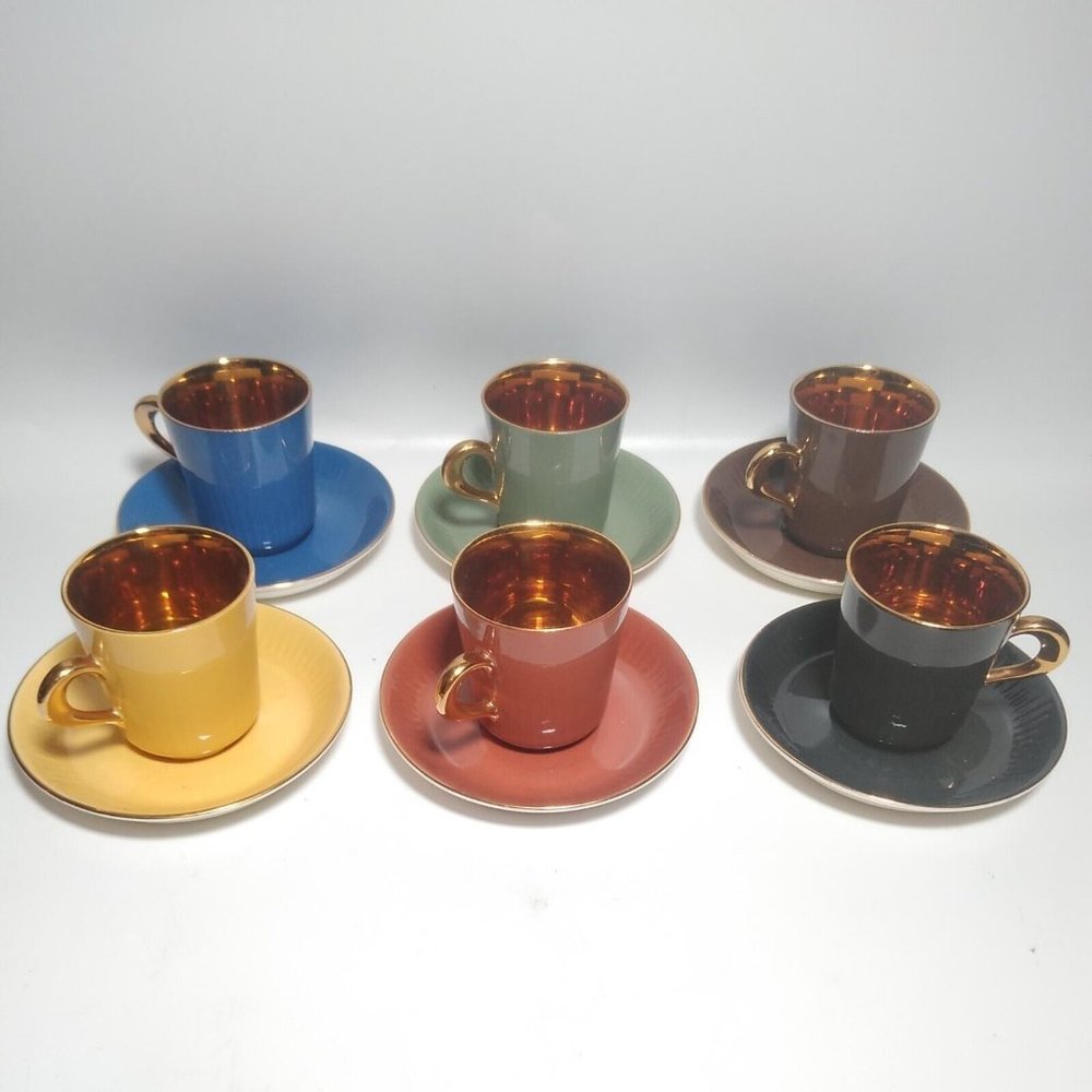 VTG 1950s Figgjo Flint Norway Demitasse Espresso Gold Gild Cups Saucers Set Of 6